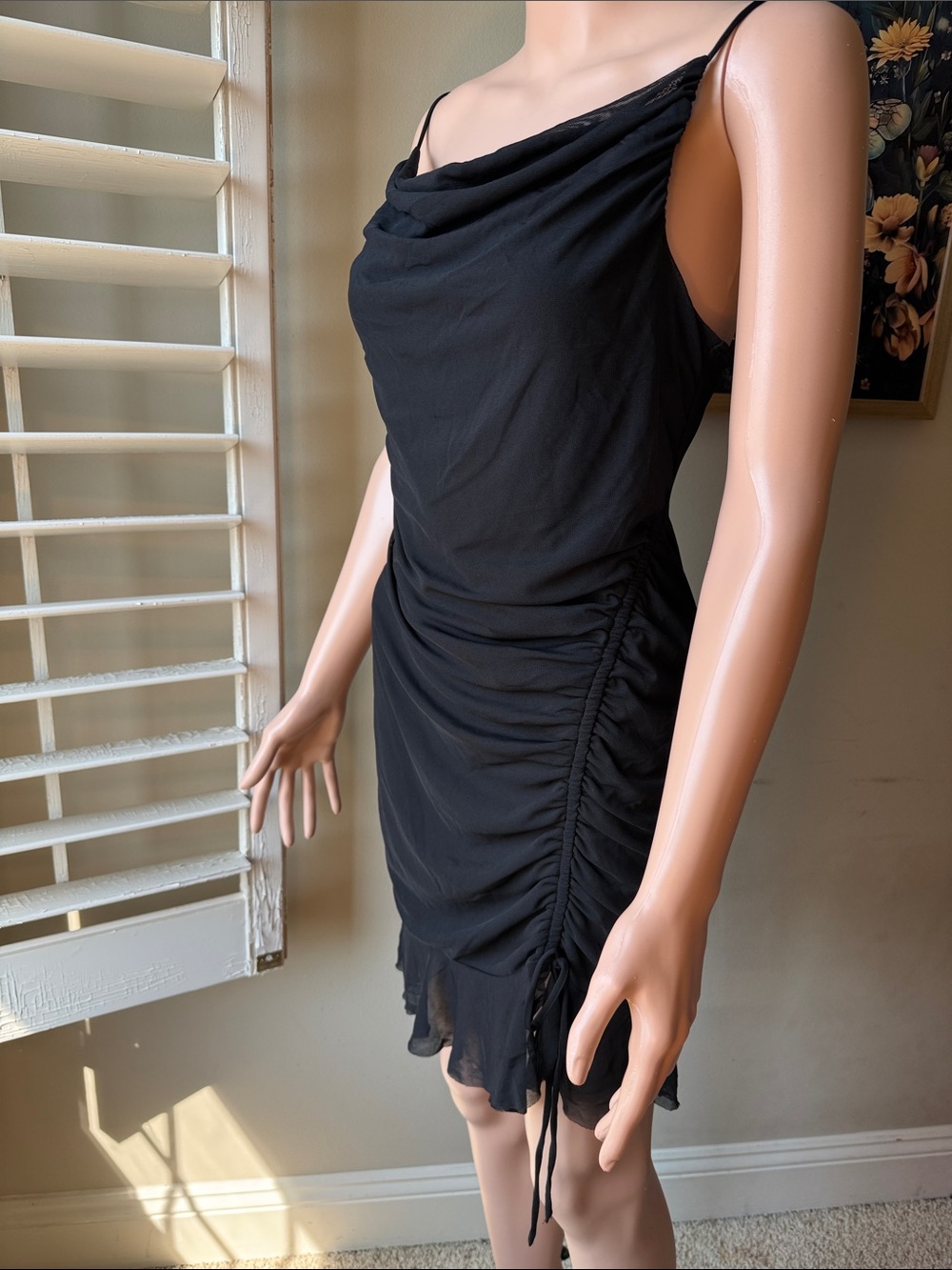 Shinestar Black Cowl Neck Ruched Mini Dress